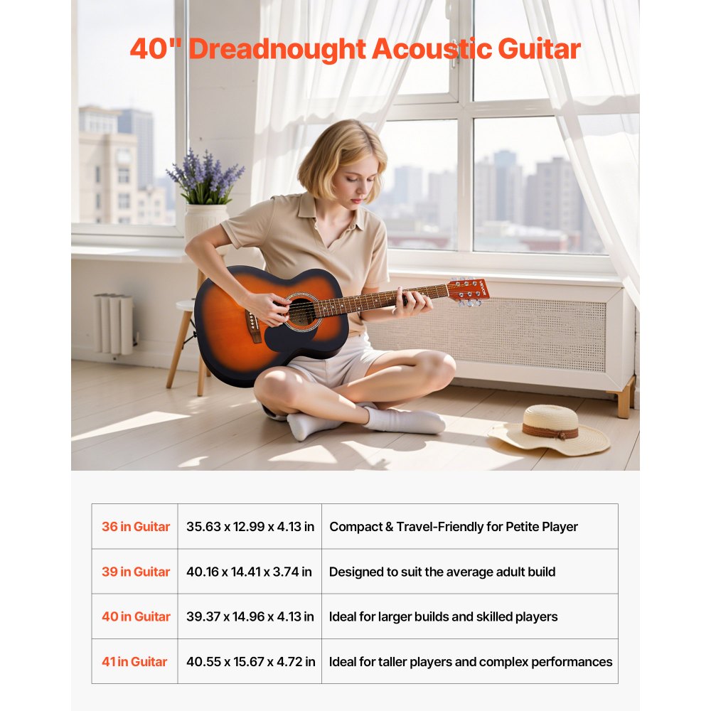 VEVOR Dreadnought Acoustic Guitar, 40 in, 6-String Sunburst Solid Top Guitar, Beginner Bundle with Gig Bag, Tuner, Strap, Steel Strings, Picks, Capo, Rosewood Fingerboard, for Adults, Skilled Players