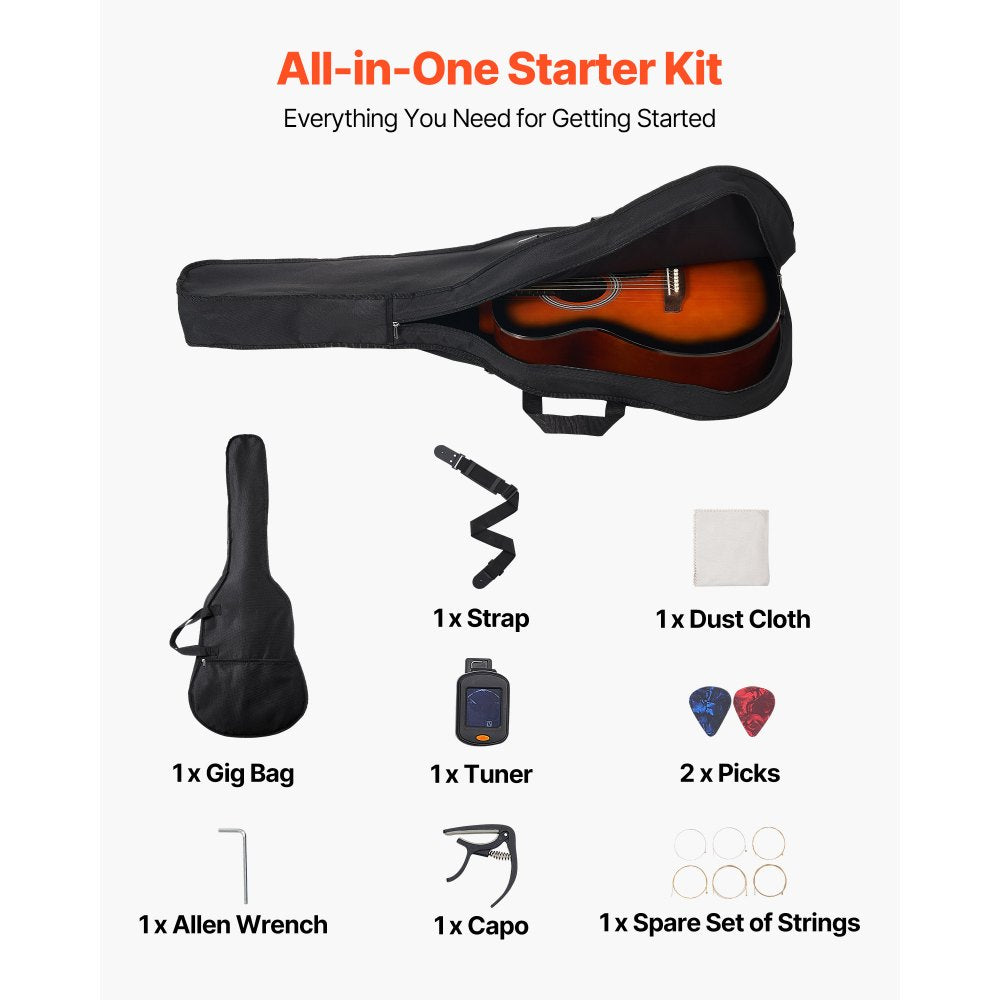 VEVOR Dreadnought Acoustic Guitar, 40 in, 6-String Sunburst Solid Top Guitar, Beginner Bundle with Gig Bag, Tuner, Strap, Steel Strings, Picks, Capo, Rosewood Fingerboard, for Adults, Skilled Players