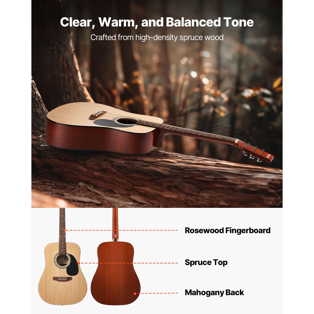 VEVOR Dreadnought Acoustic Guitar, 41 in, 6-String Natural Solid Spruce Top Guitar, Beginner Bundle with Gig Bag, Tuner, Strap, Strings, Picks, Capo, Rosewood Fingerboard, for Adults Taller Players