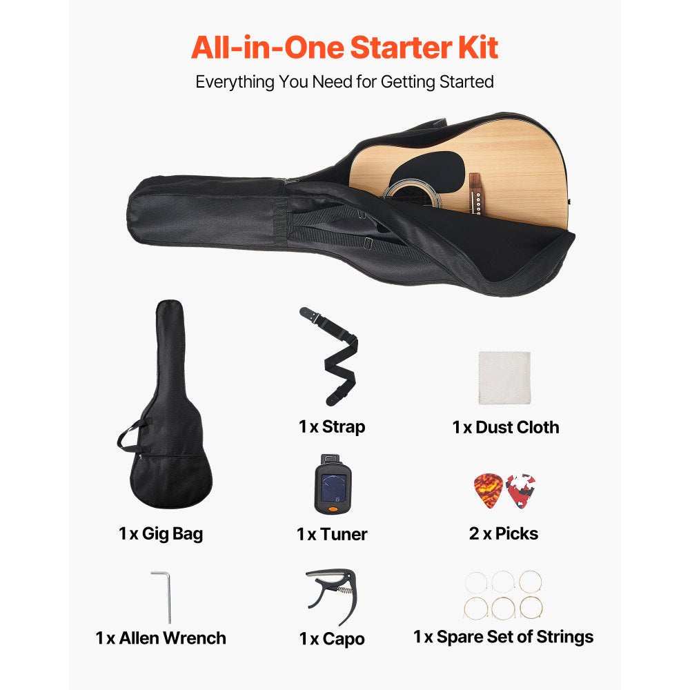 VEVOR Dreadnought Acoustic Guitar, 41 in, 6-String Natural Solid Spruce Top Guitar, Beginner Bundle with Gig Bag, Tuner, Strap, Strings, Picks, Capo, Rosewood Fingerboard, for Adults Taller Players