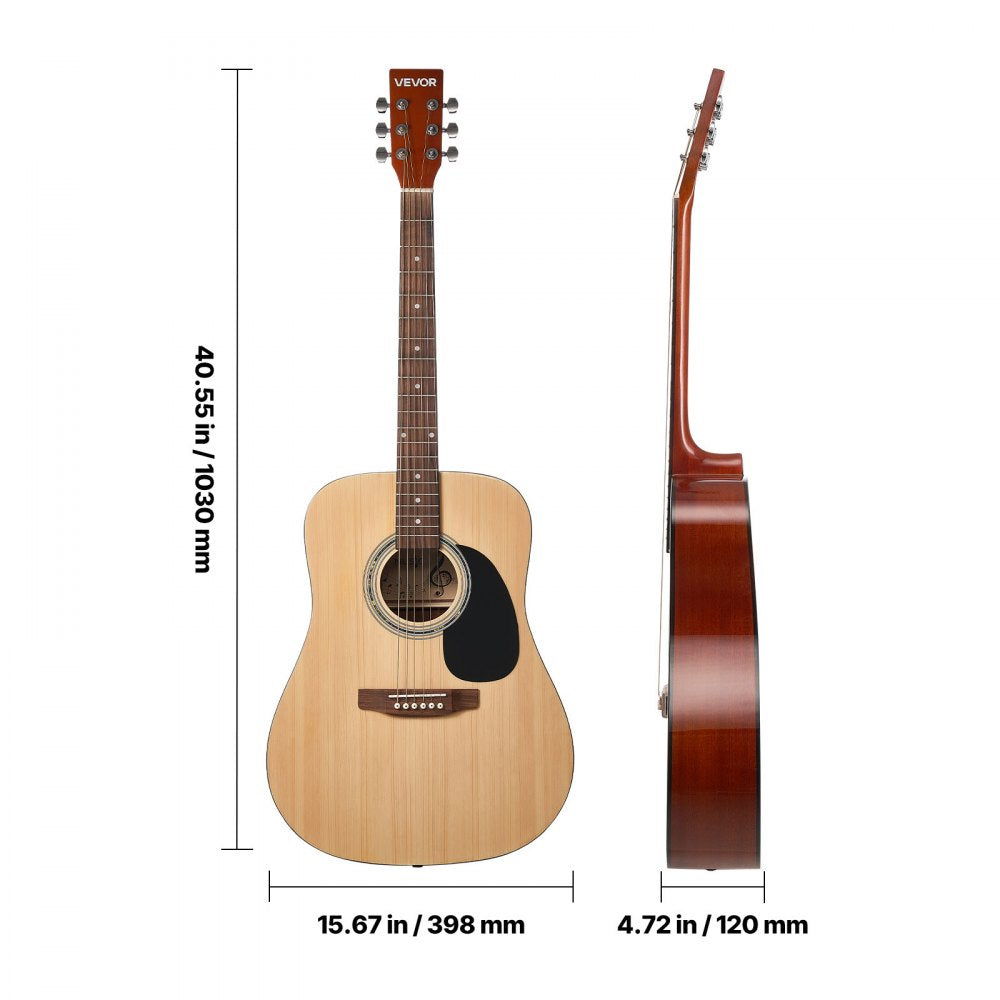 VEVOR Dreadnought Acoustic Guitar, 41 in, 6-String Natural Solid Spruce Top Guitar, Beginner Bundle with Gig Bag, Tuner, Strap, Strings, Picks, Capo, Rosewood Fingerboard, for Adults Taller Players
