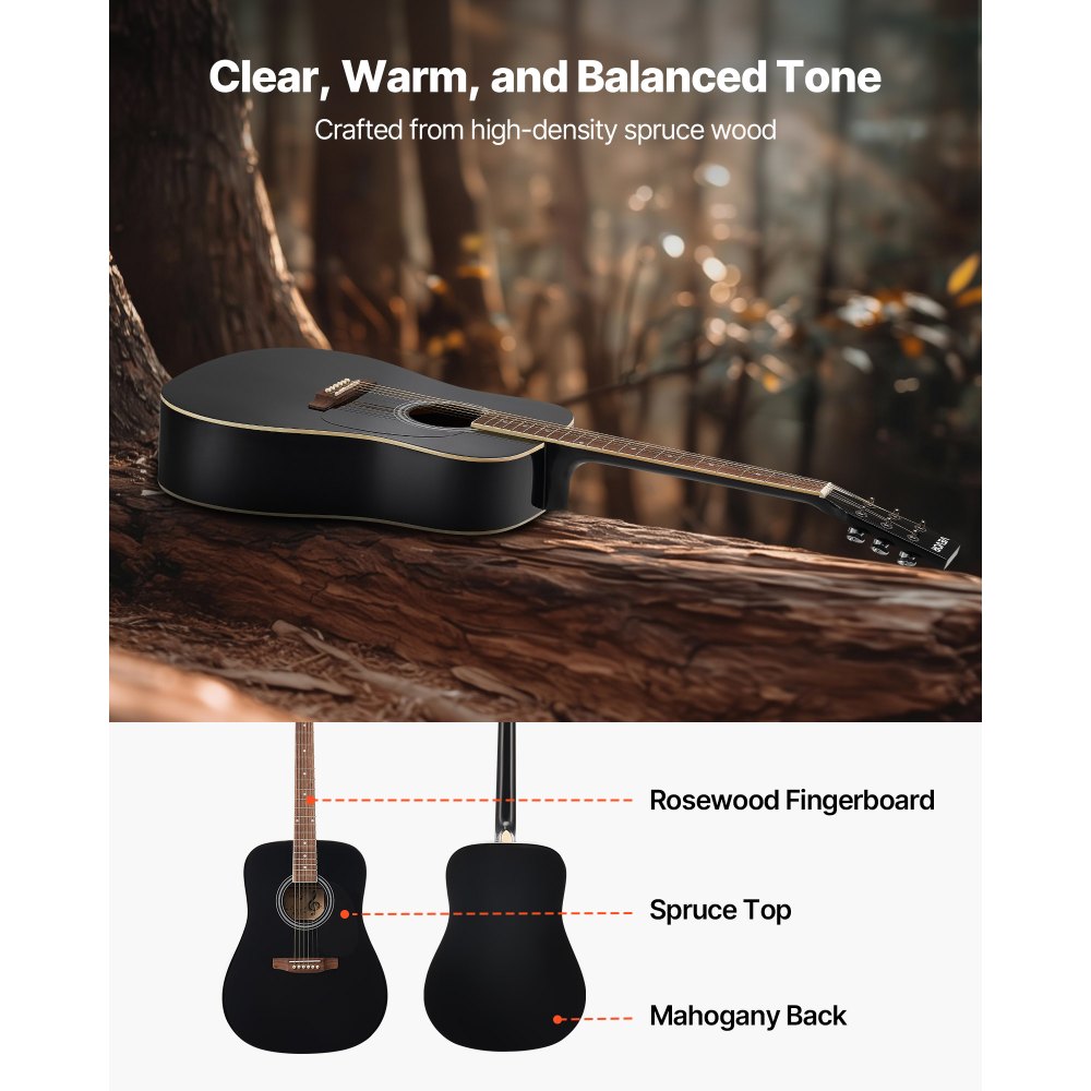 VEVOR Dreadnought Acoustic Guitar, 41 in, 6-String Black Solid Spruce Top Guitar, Beginner Bundle with Gig Bag, Tuner, Strap, Steel Strings, Picks, Capo, Rosewood Fingerboard, for Adult Taller Player