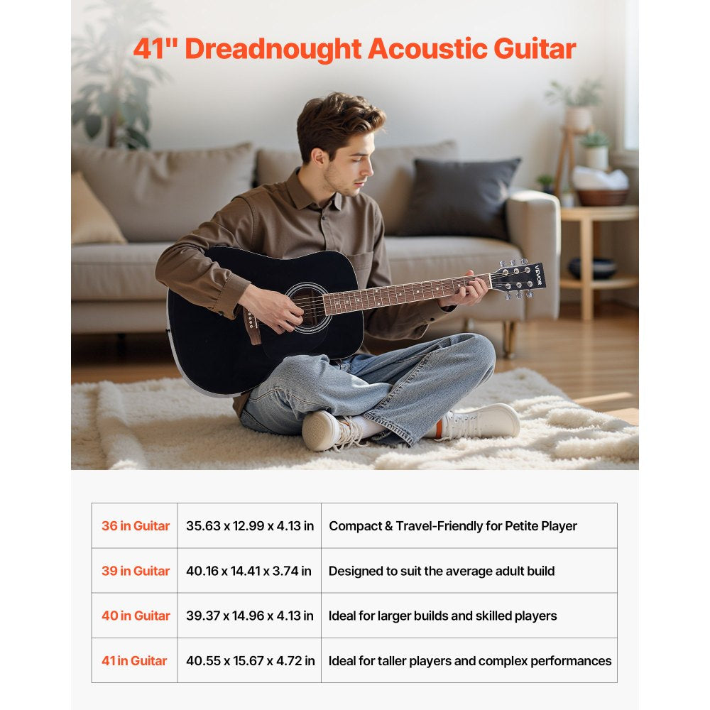 VEVOR Dreadnought Acoustic Guitar, 41 in, 6-String Black Solid Spruce Top Guitar, Beginner Bundle with Gig Bag, Tuner, Strap, Steel Strings, Picks, Capo, Rosewood Fingerboard, for Adult Taller Player