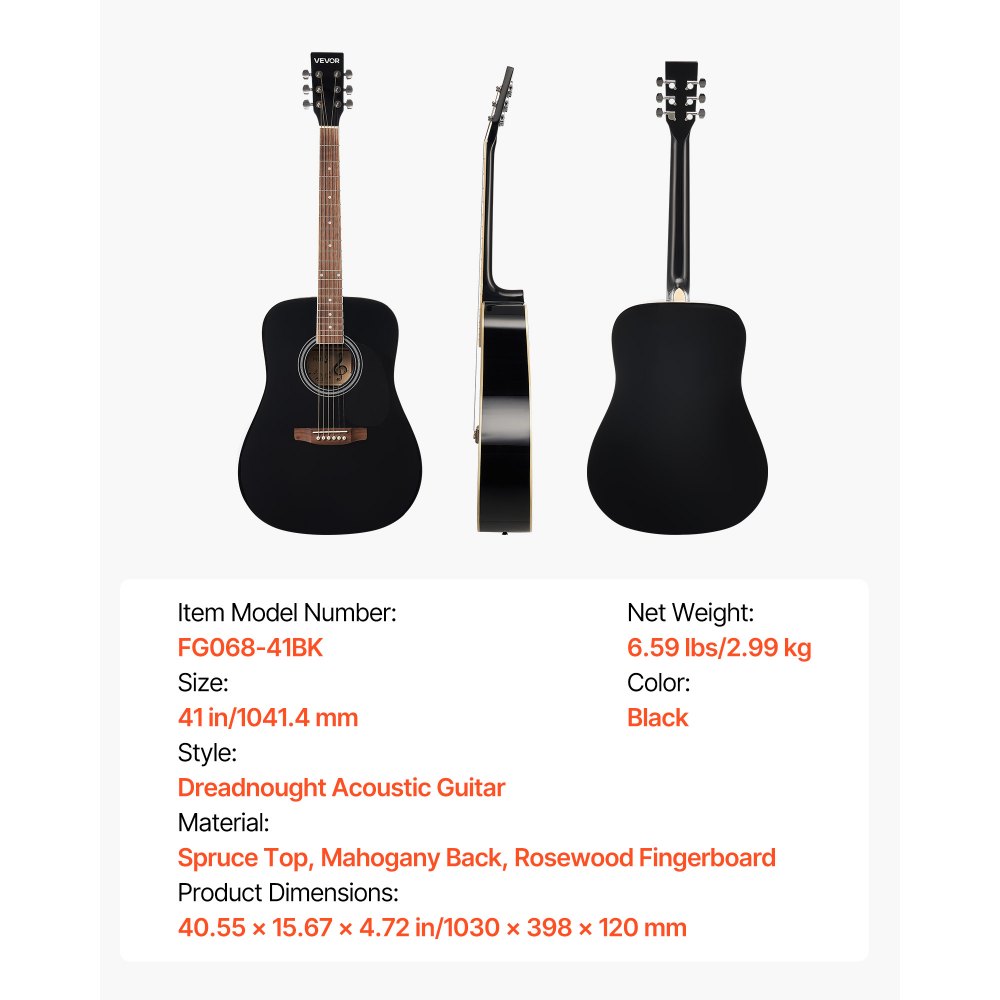 VEVOR Dreadnought Acoustic Guitar, 41 in, 6-String Black Solid Spruce Top Guitar, Beginner Bundle with Gig Bag, Tuner, Strap, Steel Strings, Picks, Capo, Rosewood Fingerboard, for Adult Taller Player