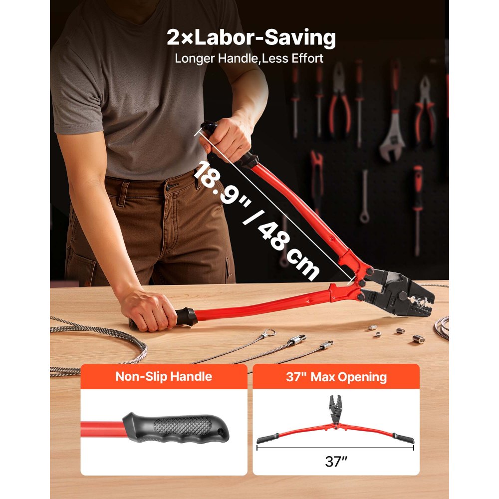VEVOR 24" Hand Swager Cable Wire Rope Cutter Swage 1/16" 3/32" 1/8" 5/32" 3/16" Aluminum Sleeves Copper