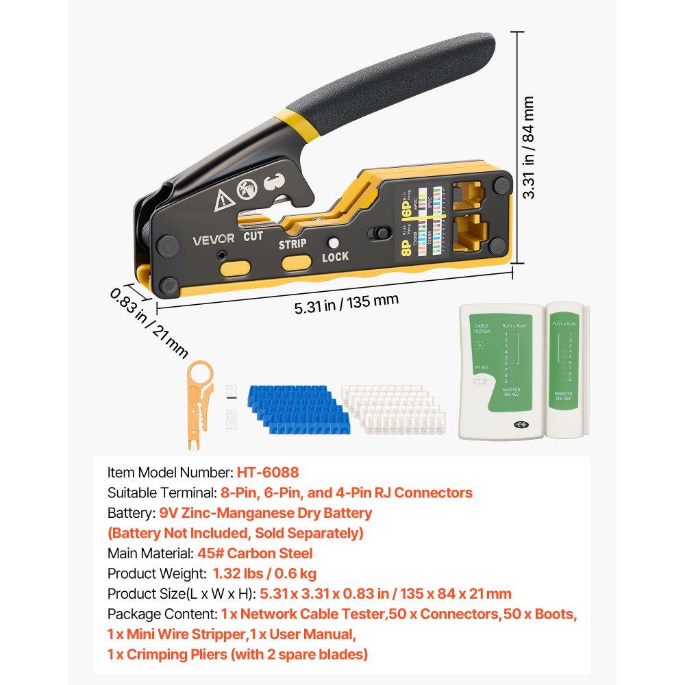 VEVOR Crimping Tool, RJ45/RJ11/RJ12 Ethernet Crimper, Crimp Tool Kit for 4/6/8-Pin Modular Plugs, with Mini Wire Stripper, 50 Connectors and 50 Boots, Replacement Blades, and Network Cable Tester