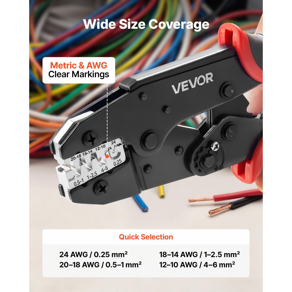 VEVOR Crimping Tool, 24-10 AWG Ratcheting Wire Crimper Tool, Labor-Saving Electrical Terminal Crimp Pliers with Clear Metric & AWG Markings, Quick Release, Adjustable Pressure for Multiple Terminals