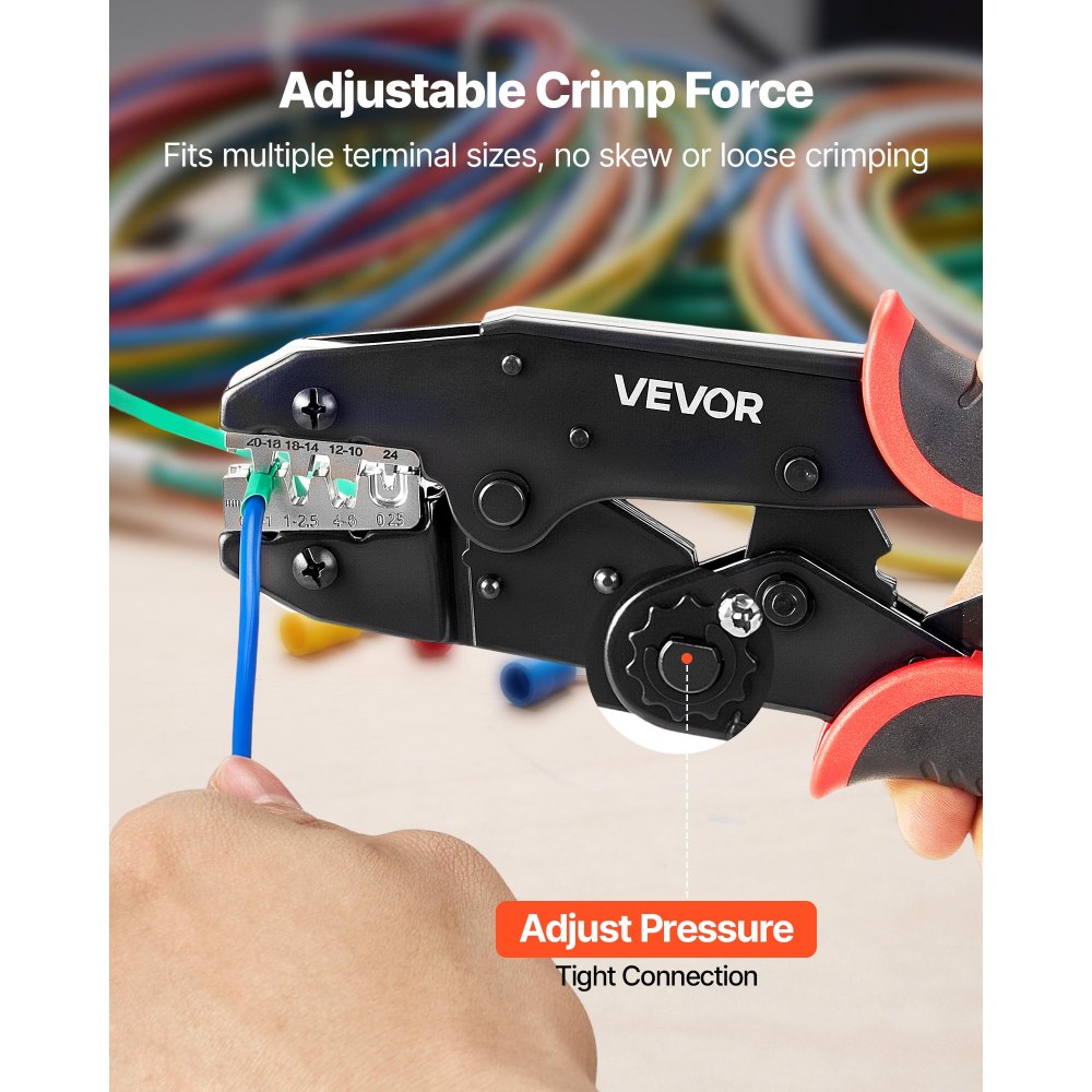 VEVOR Crimping Tool, 24-10 AWG Ratcheting Wire Crimper Tool, Labor-Saving Electrical Terminal Crimp Pliers with Clear Metric & AWG Markings, Quick Release, Adjustable Pressure for Multiple Terminals