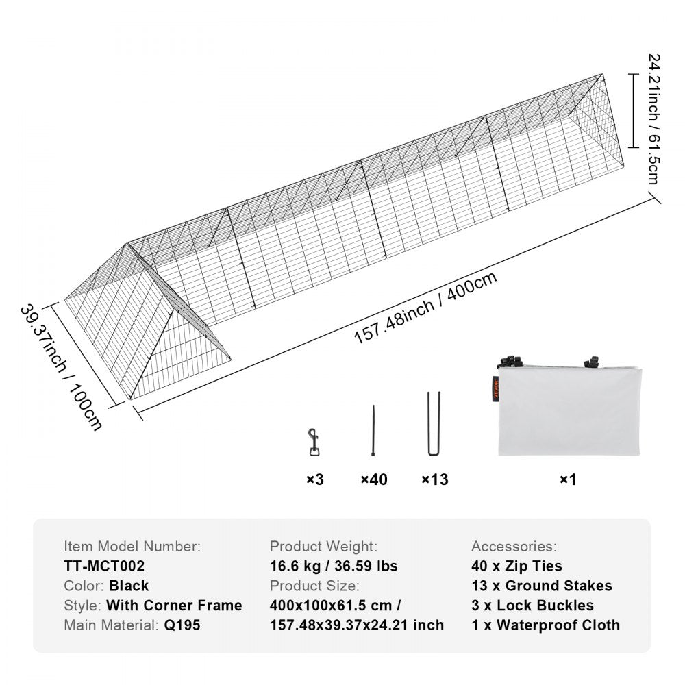 VEVOR Chicken Tunnels, 157.5 x 39.4 x 24.2 inch(LxWxH) Chicken Tunnels for Yard, Portable Chicken Tunnels for Outside with Corner Frames, Chicken Coop Run, Suitable for Chickens, Ducks, Rabbits