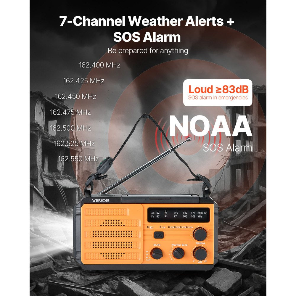 VEVOR Emergency Weather Radio, 8000mAh Battery, FM/AM/WB/NOAA Alert Solar Hand Crank Emergency Radio, Type-C Charging, USB Cable, SOS Alarm and Flashlight, Portable for Outdoor Emergencies, Camping