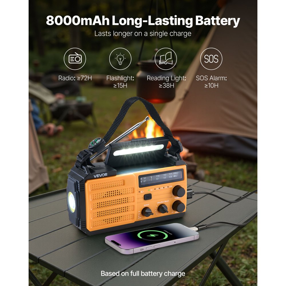 VEVOR Emergency Weather Radio, 8000mAh Battery, FM/AM/WB/NOAA Alert Solar Hand Crank Emergency Radio, Type-C Charging, USB Cable, SOS Alarm and Flashlight, Portable for Outdoor Emergencies, Camping