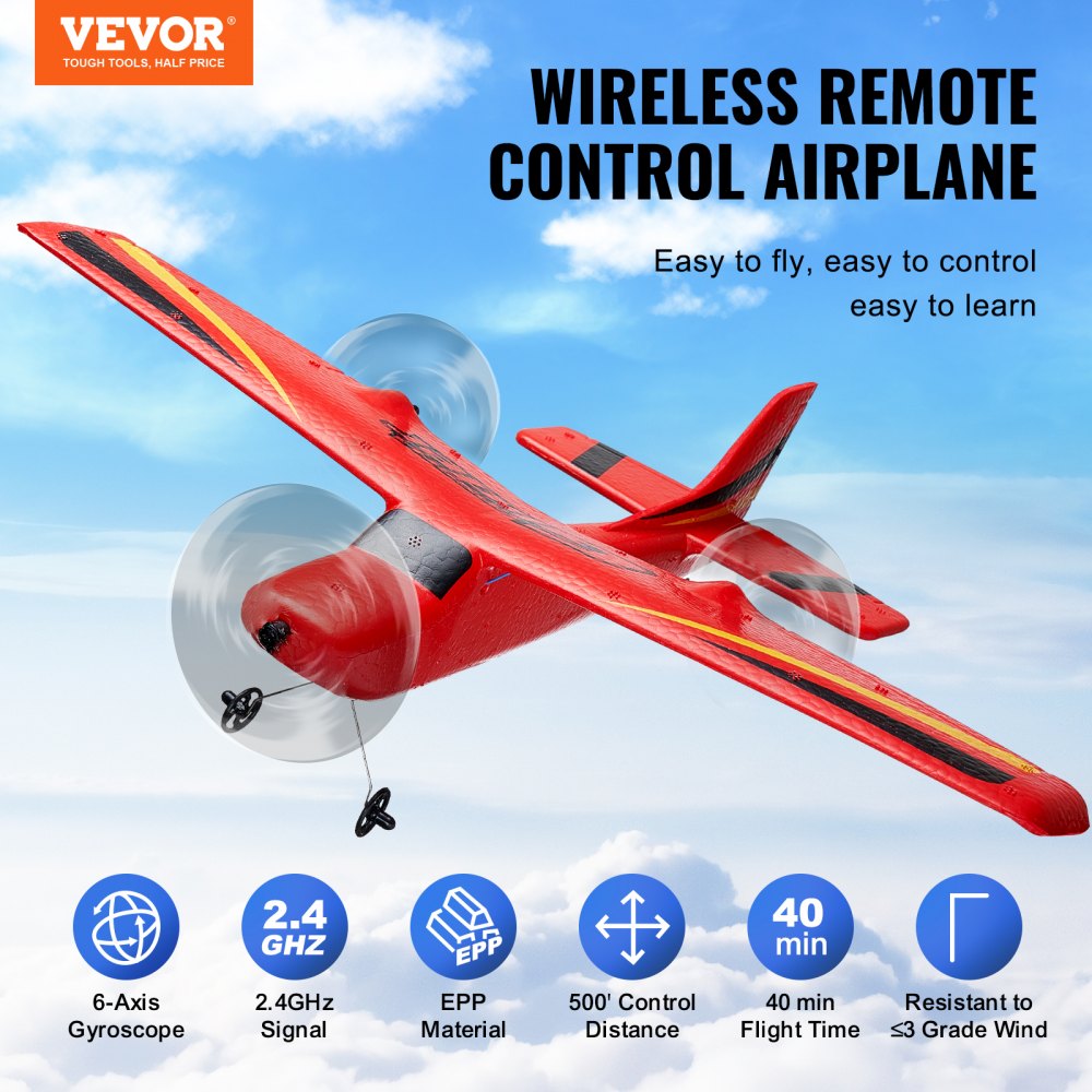 VEVOR RC Plane, 2.4GHZ 2 Channel Remote Control Airplane with 6-Axis Gyro Stabilizer, Ready to Fly Aircraft Plane Toys with 2 Batteries, Easy to Fly RC Glider for Adults Kids Beginners Boys Girls