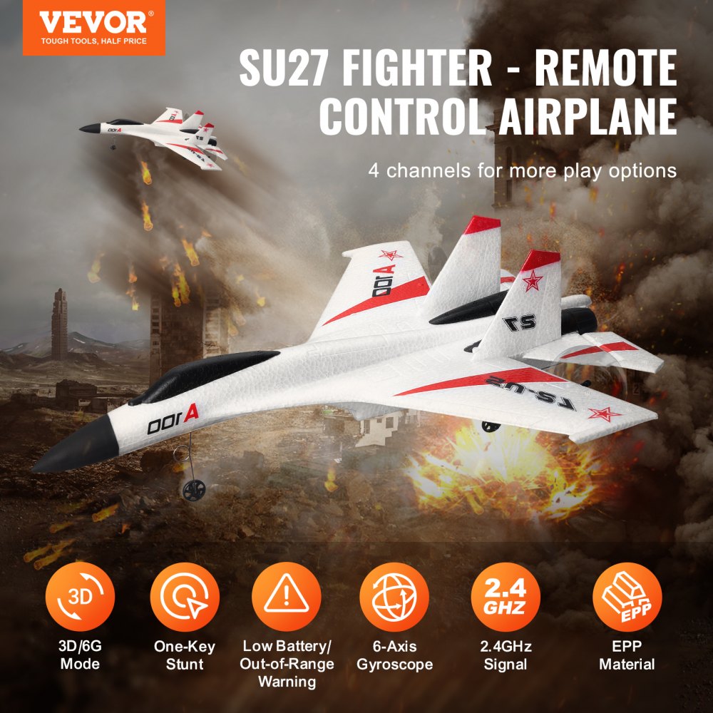 VEVOR RC Plane, 2.4GHZ 4 Channel Remote Control Airplane with 6-Axis Gyro Stabilizer, Ready to Fly Fighter Aircraft Plane Toy with 2 Batteries, Easy to Fly RC Glider for Adults Kids Beginners Boys