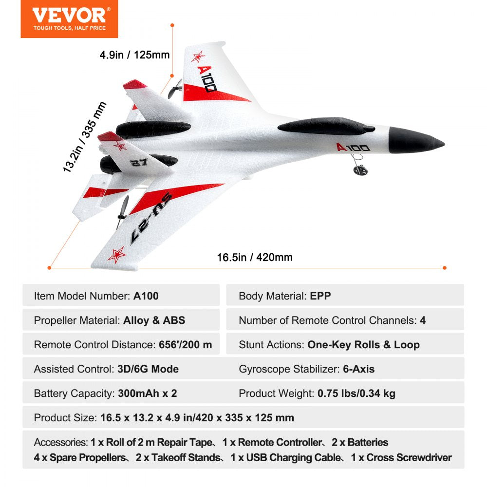 VEVOR RC Plane, 2.4GHZ 4 Channel Remote Control Airplane with 6-Axis Gyro Stabilizer, Ready to Fly Fighter Aircraft Plane Toy with 2 Batteries, Easy to Fly RC Glider for Adults Kids Beginners Boys