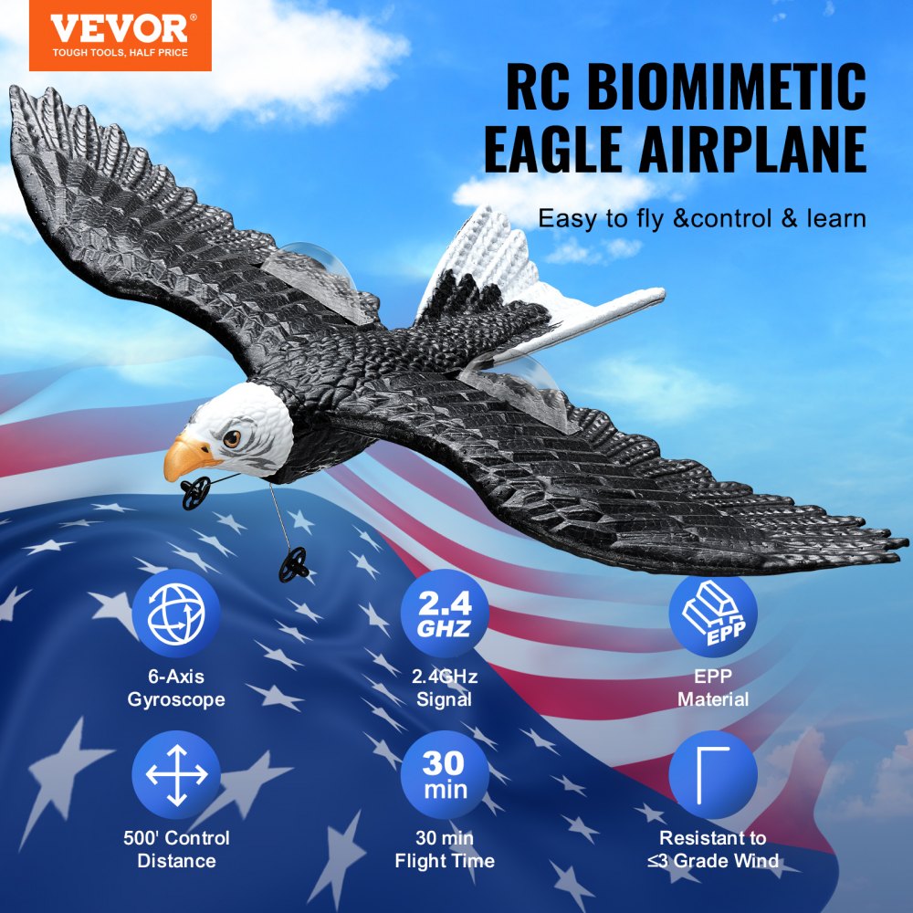 VEVOR RC Plane, 2.4GHZ 2 Channel Remote Control Airplane with 6-Axis Gyro Stabilizer, Ready to Fly Eagle Aircraft Plane Toy with 2 Batteries, Easy to Fly RC Glider for Adults Kids Beginners Boys Girls
