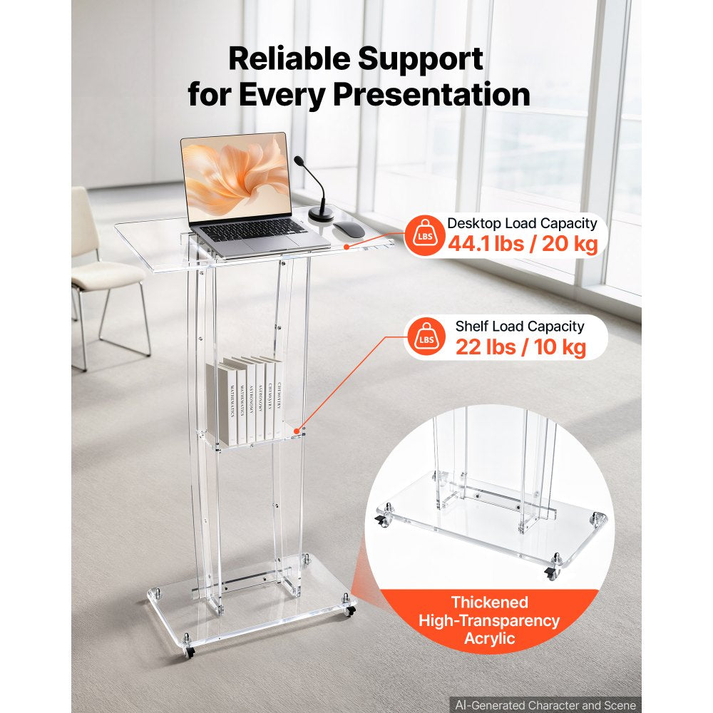 VEVOR Podium Stand 47 inch Acrylic Lectern Mobile Laptop Desk Storage Shelf, for Schools, Churches and Events, Clear Portable Presentation Lectern Stand with Storage Shelf, Book Stop, Spacious Surface