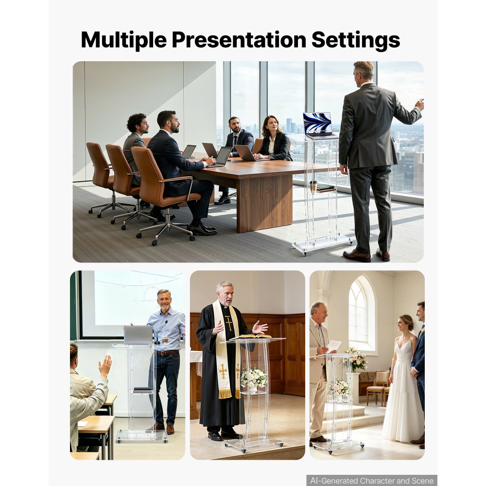 VEVOR Podium Stand 47 inch Acrylic Lectern Mobile Laptop Desk Storage Shelf, for Schools, Churches and Events, Clear Portable Presentation Lectern Stand with Storage Shelf, Book Stop, Spacious Surface