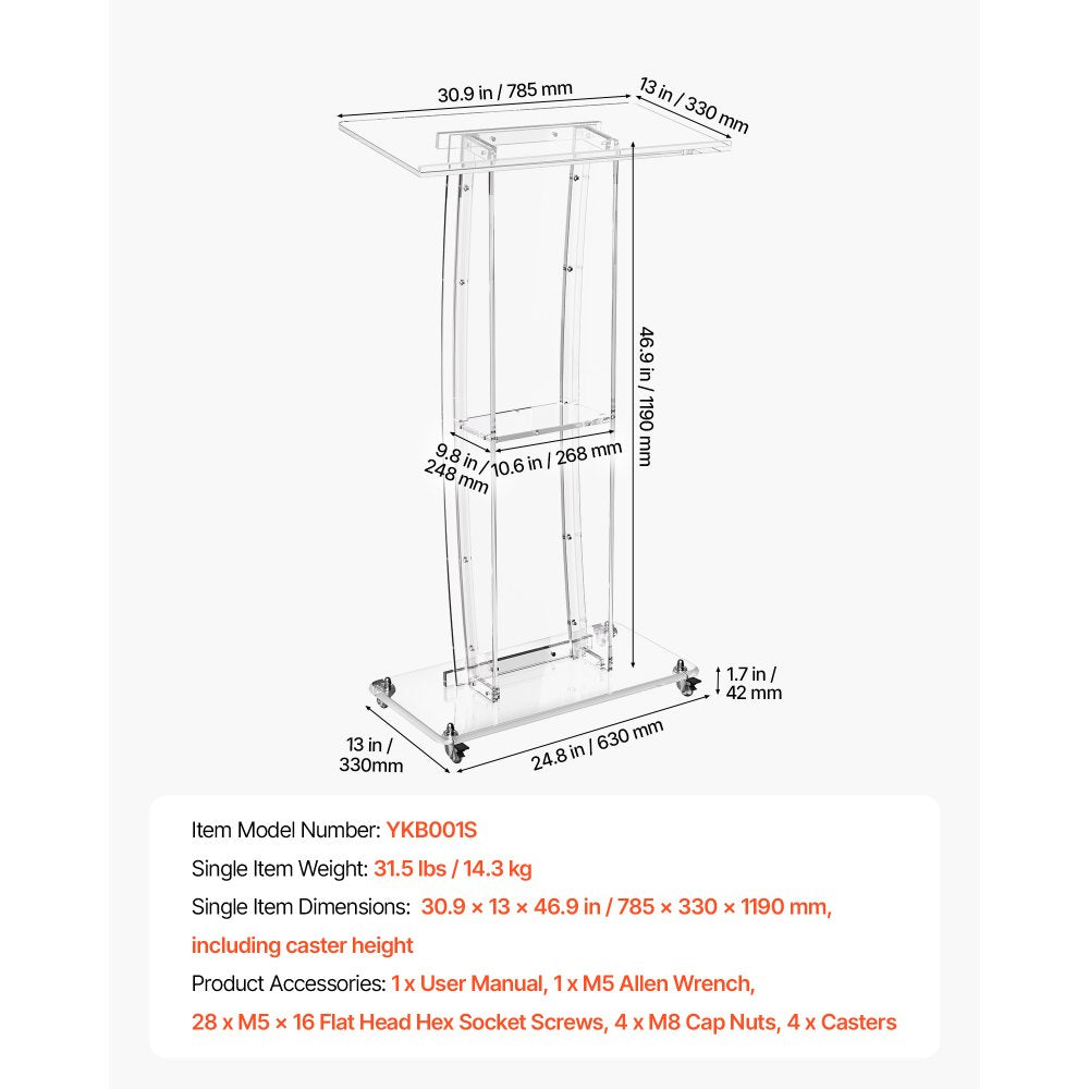 VEVOR Podium Stand 47 inch Acrylic Lectern Mobile Laptop Desk Storage Shelf, for Schools, Churches and Events, Clear Portable Presentation Lectern Stand with Storage Shelf, Book Stop, Spacious Surface