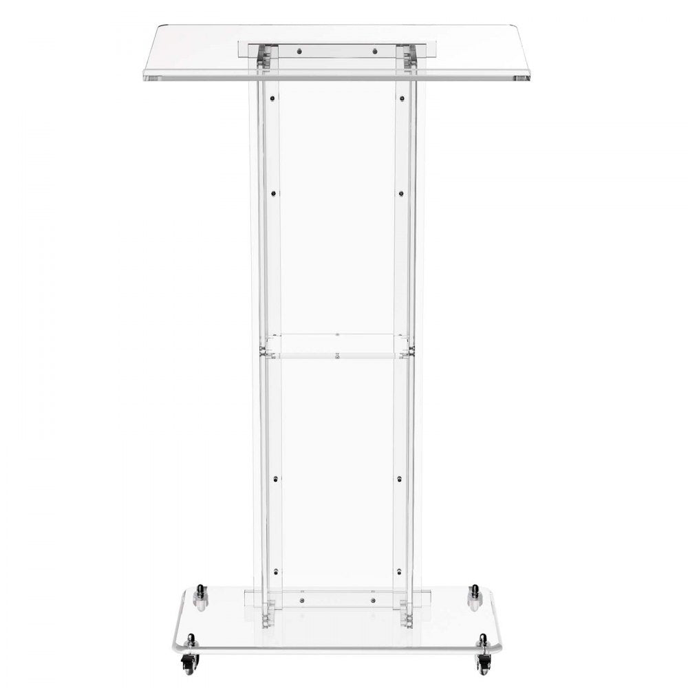 VEVOR Podium Stand 47 inch Acrylic Lectern Mobile Laptop Desk Storage Shelf, for Schools, Churches and Events, Clear Portable Presentation Lectern Stand with Storage Shelf, Book Stop, Spacious Surface