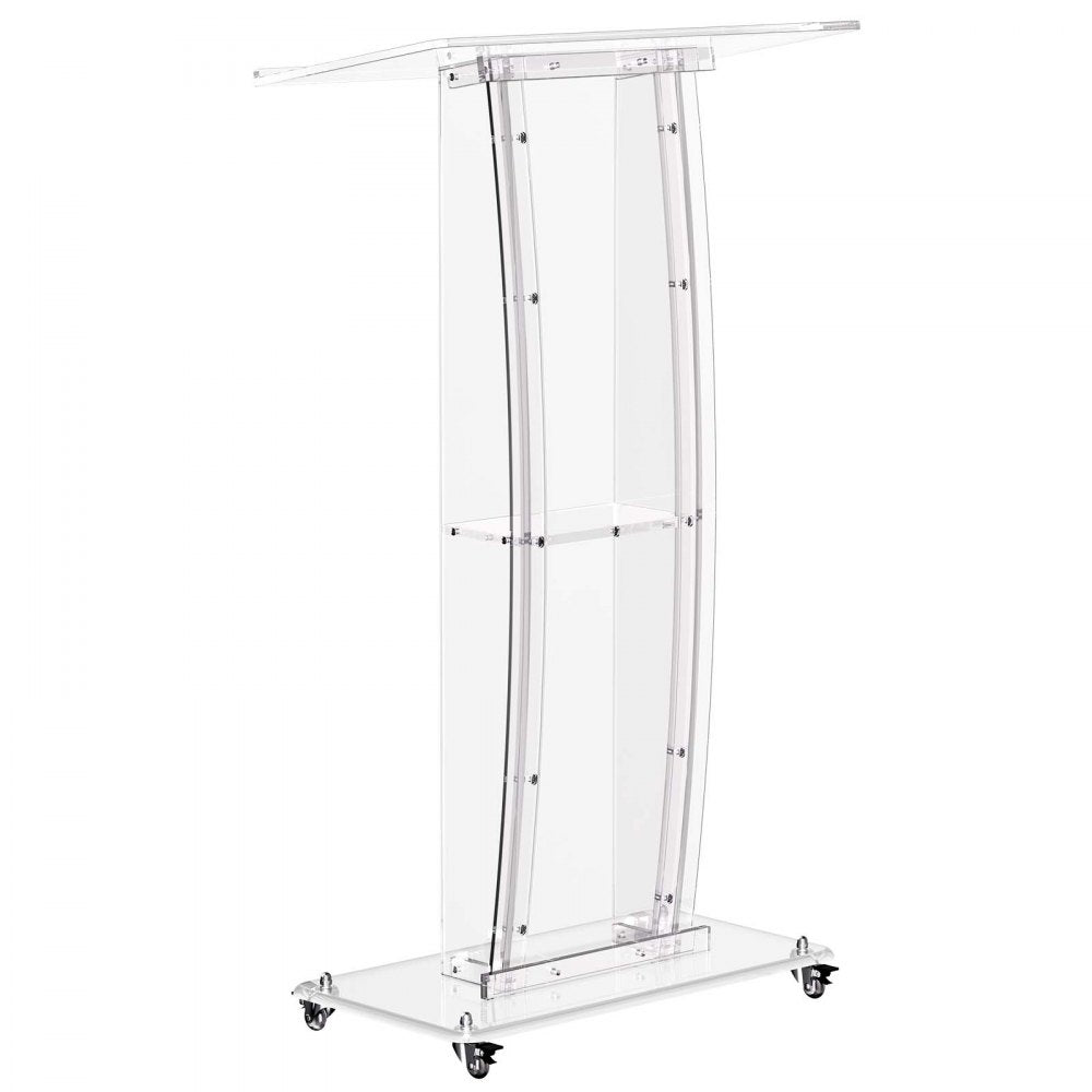 VEVOR Podium Stand 47 inch Acrylic Lectern Mobile Laptop Desk Storage Shelf, for Schools, Churches and Events, Clear Portable Presentation Lectern Stand with Storage Shelf, Book Stop, Spacious Surface