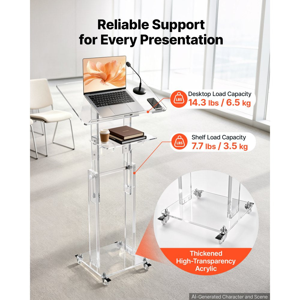 VEVOR Podium Stand, Adjustable Height Acrylic Lectern Mobile Laptop Desk, for Schools, Churches and Events, 43-46 inch, Clear Portable Presentation Lectern Stand with 70-180° Tilt and Storage Shelf