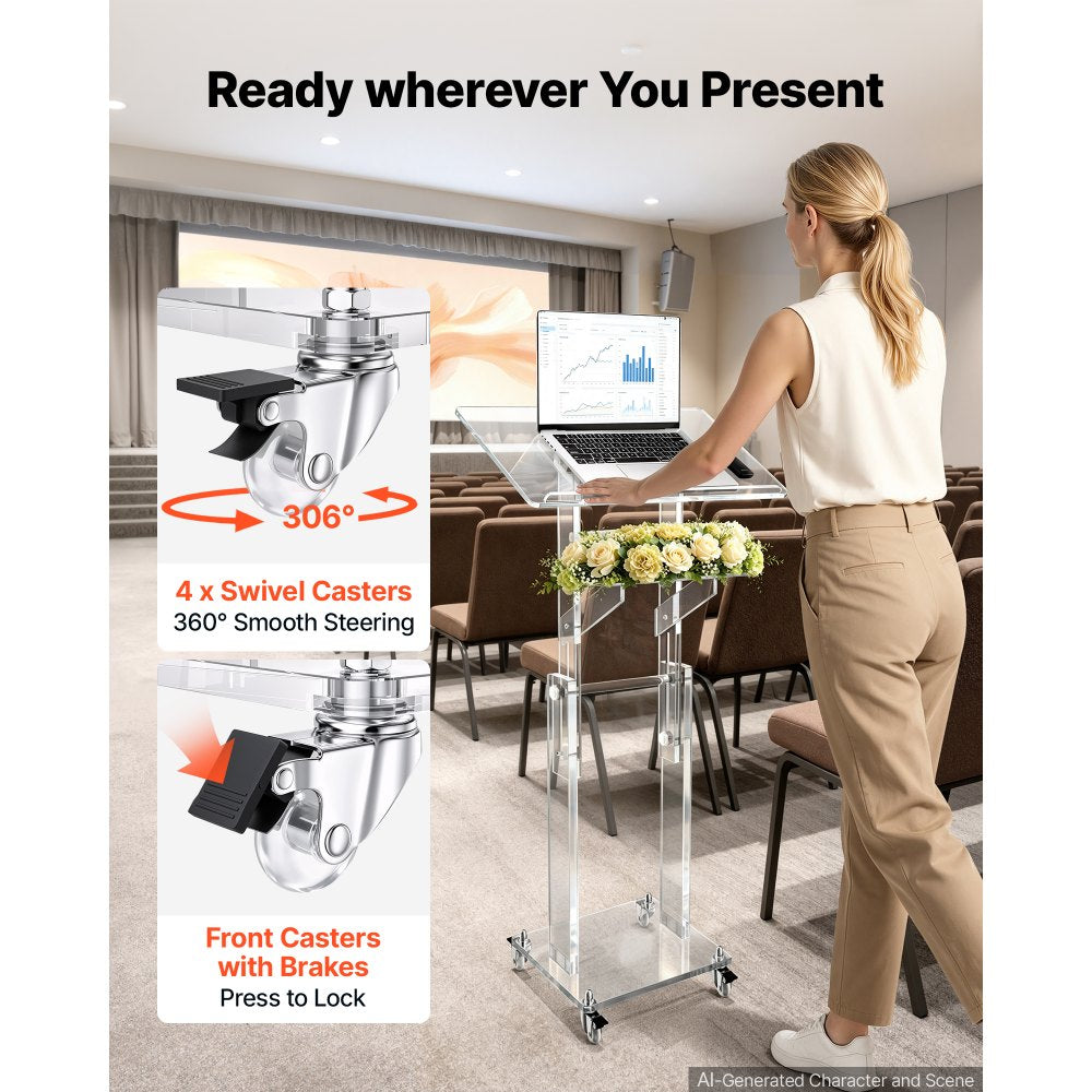 VEVOR Podium Stand, Adjustable Height Acrylic Lectern Mobile Laptop Desk, for Schools, Churches and Events, 43-46 inch, Clear Portable Presentation Lectern Stand with 70-180° Tilt and Storage Shelf