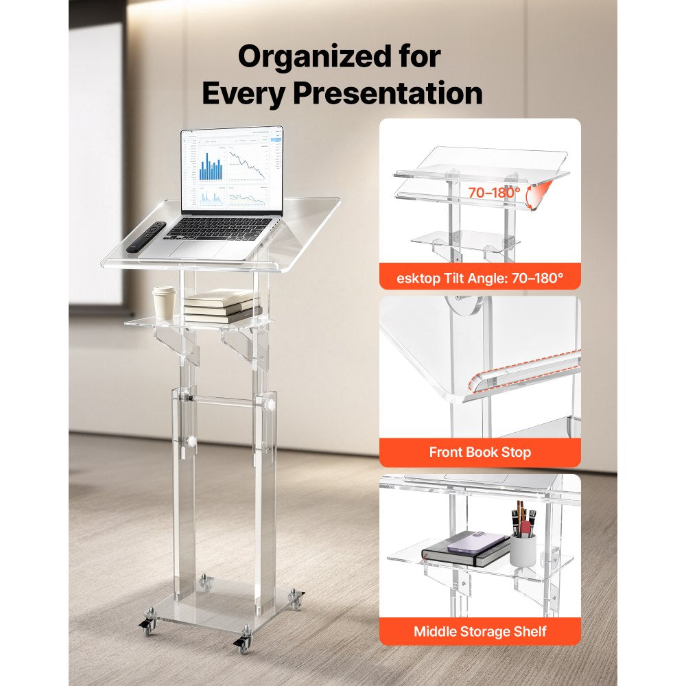 VEVOR Podium Stand, Adjustable Height Acrylic Lectern Mobile Laptop Desk, for Schools, Churches and Events, 43-46 inch, Clear Portable Presentation Lectern Stand with 70-180° Tilt and Storage Shelf