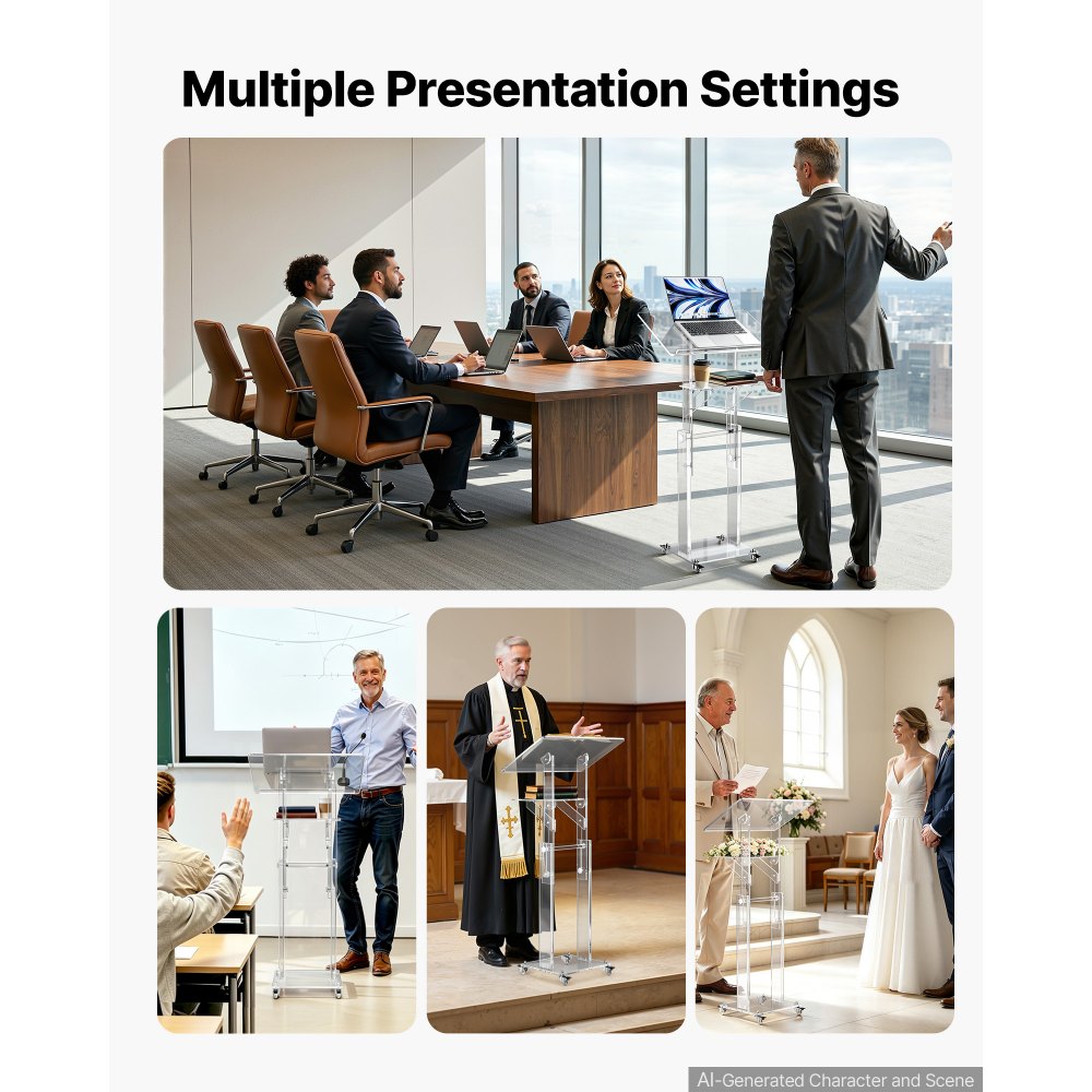 VEVOR Podium Stand, Adjustable Height Acrylic Lectern Mobile Laptop Desk, for Schools, Churches and Events, 43-46 inch, Clear Portable Presentation Lectern Stand with 70-180° Tilt and Storage Shelf