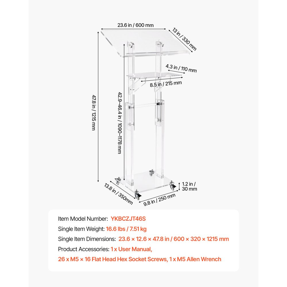 VEVOR Podium Stand, Adjustable Height Acrylic Lectern Mobile Laptop Desk, for Schools, Churches and Events, 43-46 inch, Clear Portable Presentation Lectern Stand with 70-180° Tilt and Storage Shelf