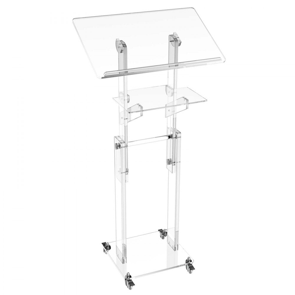 VEVOR Podium Stand, Adjustable Height Acrylic Lectern Mobile Laptop Desk, for Schools, Churches and Events, 43-46 inch, Clear Portable Presentation Lectern Stand with 70-180° Tilt and Storage Shelf