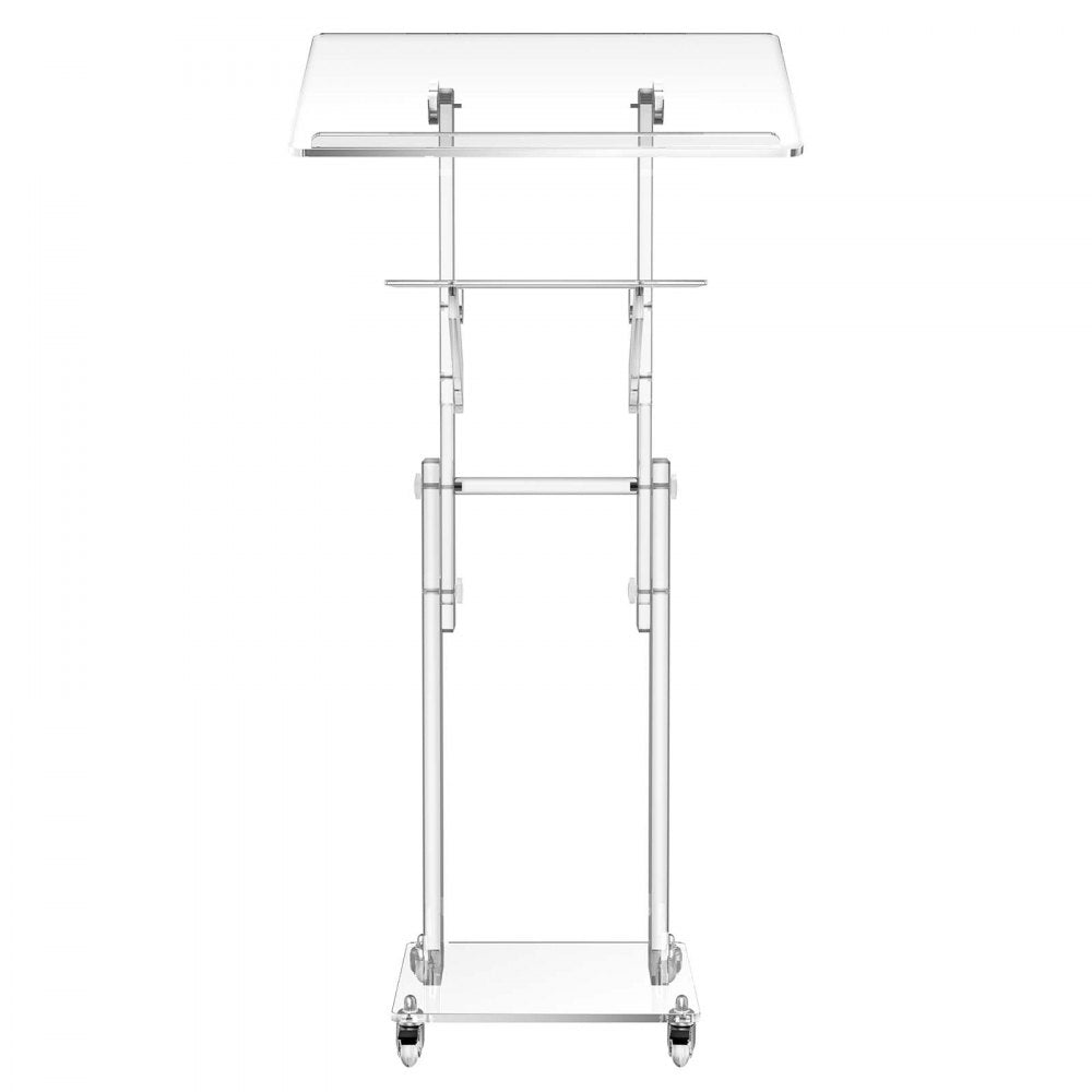 VEVOR Podium Stand, Adjustable Height Acrylic Lectern Mobile Laptop Desk, for Schools, Churches and Events, 43-46 inch, Clear Portable Presentation Lectern Stand with 70-180° Tilt and Storage Shelf