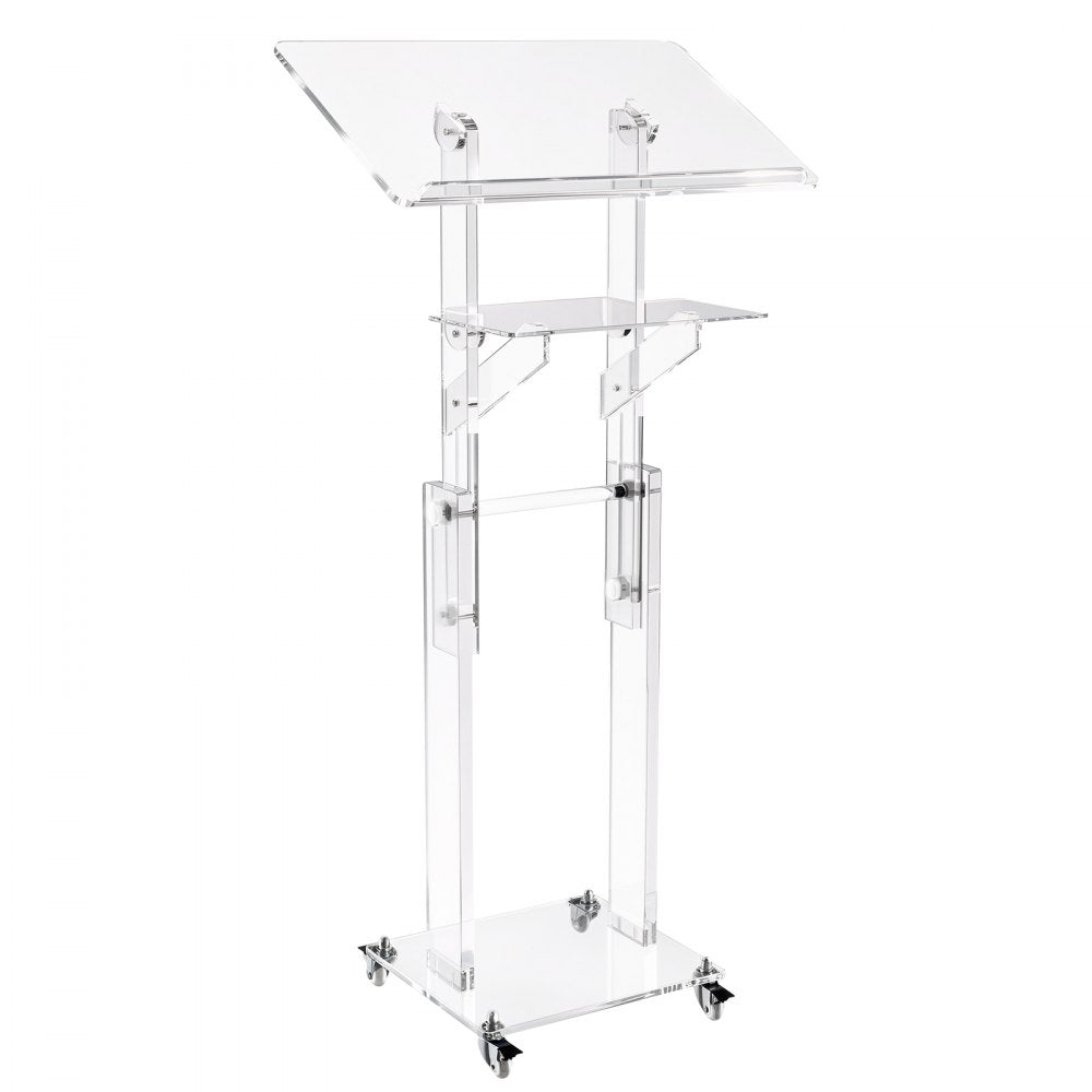 VEVOR Podium Stand, Adjustable Height Acrylic Lectern Mobile Laptop Desk, for Schools, Churches and Events, 43-46 inch, Clear Portable Presentation Lectern Stand with 70-180° Tilt and Storage Shelf