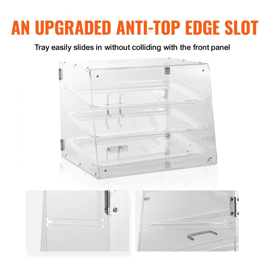 VEVOR Pastry Display Case, 3-Tier Commercial Countertop Bakery Display Case, Acrylic Display Box with Rear Door Access & Removable Shelves, Keep Fresh for Donut Bagels Cake Cookie, 20.7"x17"x16.3"