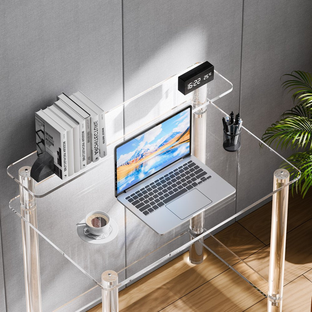 VEVOR Acrylic Table, 2 Tiers Clear Office Desk with Monitor Stand, Acrylic Study Computer Desk, Modern Side End Table Nightstand for Bedroom, Office, Study, Cloakroom, 19.7 x 31.5 x 34.7 in (Clear)