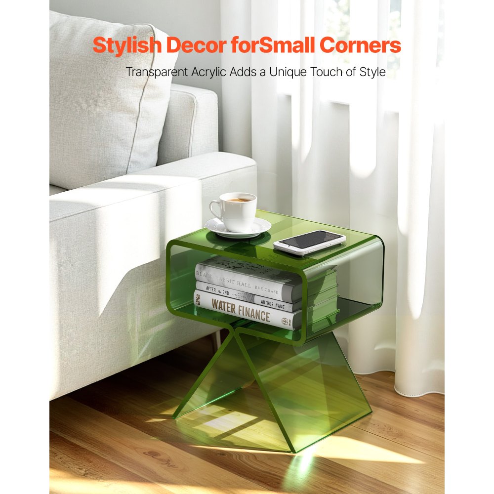 VEVOR Acrylic Nightstand Side Table, Modern Clear Bedside Table with Storage Shelf, Transparent Small End Desk for Living Room, Bedroom, Home Decor, No Assembly Needed, 11.8 x 15.4 x 17 in (Green)