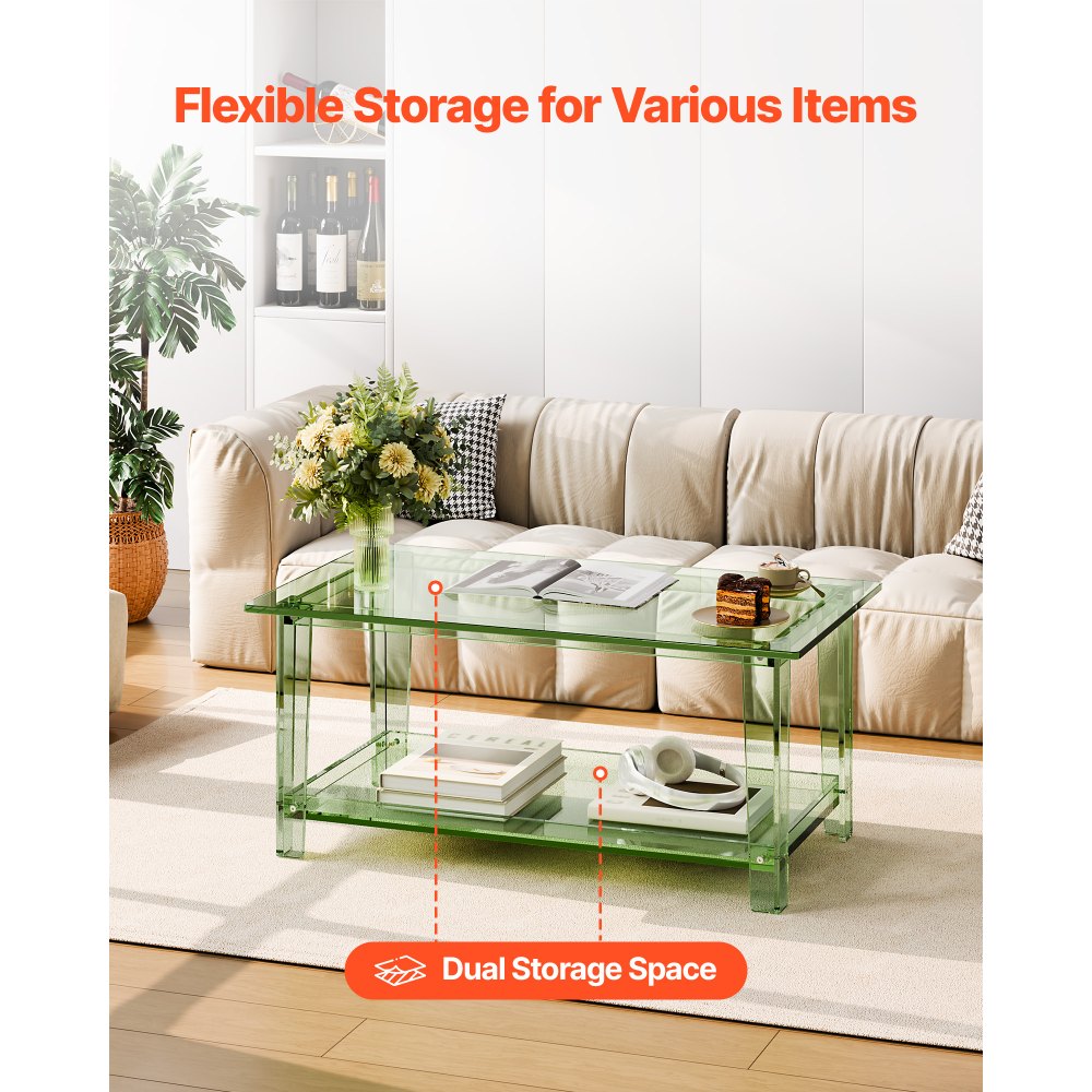 VEVOR Acrylic Coffee Table, 2 Tiers Center Table with Storage Shelf, Modern Rectangle Acrylic Coffee Desk, Ideal for Dining Room, Kitchen Island, Restaurant, Office, 19.7 x 31.5 x 15.7 in (Green)