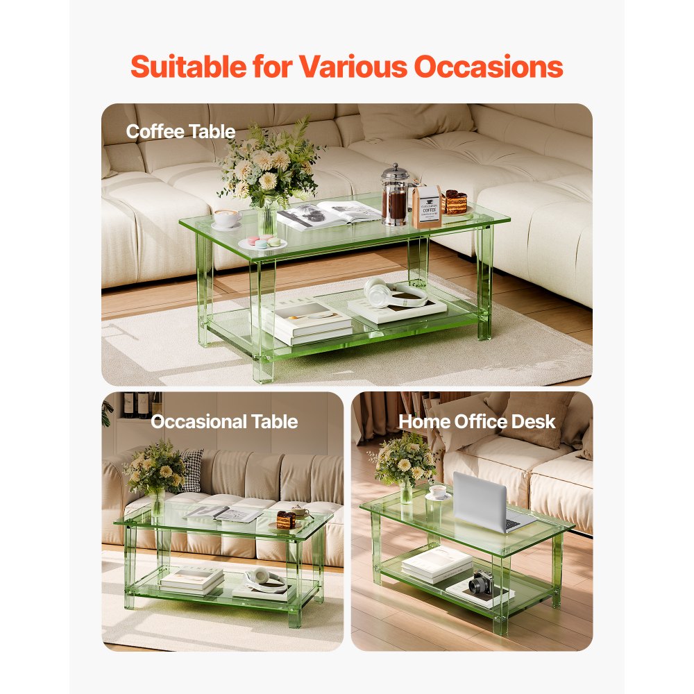 VEVOR Acrylic Coffee Table, 2 Tiers Center Table with Storage Shelf, Modern Rectangle Acrylic Coffee Desk, Ideal for Dining Room, Kitchen Island, Restaurant, Office, 19.7 x 31.5 x 15.7 in (Green)