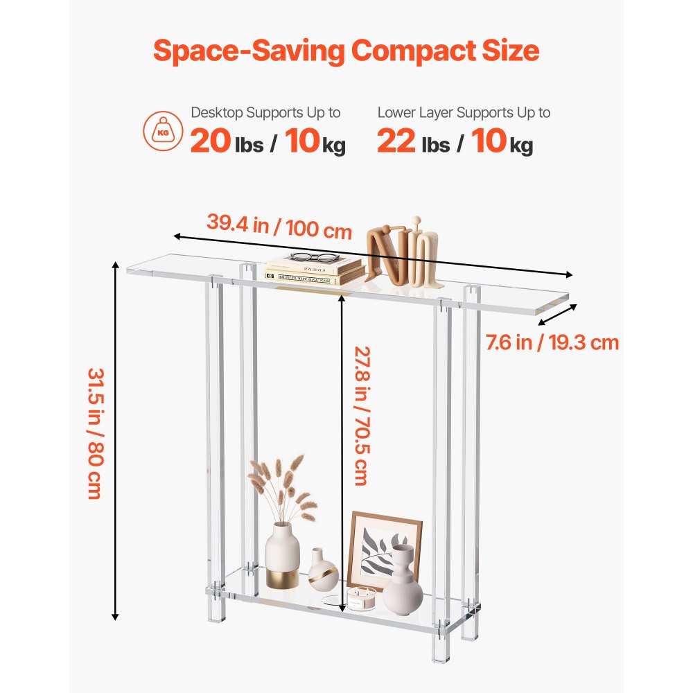 VEVOR Acrylic Console Table, 2 Tiers Narrow Side Desk with Bottom Open Storage, Modern Rectangle Acrylic End Table, Transparent Entry Desk for Foyer, Hallway, Living Room, 7.6 x 39.4 x 31.5 in (Clear)