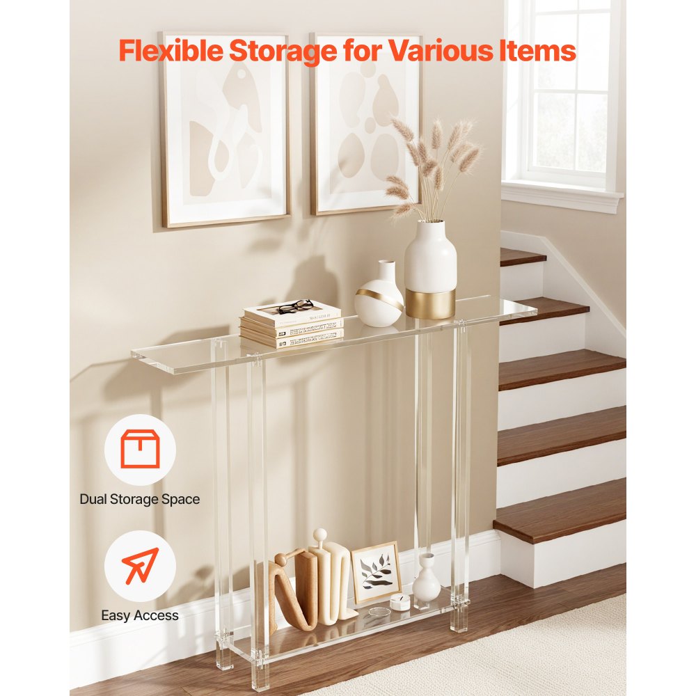 VEVOR Acrylic Console Table, 2 Tiers Narrow Side Desk with Bottom Open Storage, Modern Rectangle Acrylic End Table, Transparent Entry Desk for Foyer, Hallway, Living Room, 7.6 x 39.4 x 31.5 in (Clear)