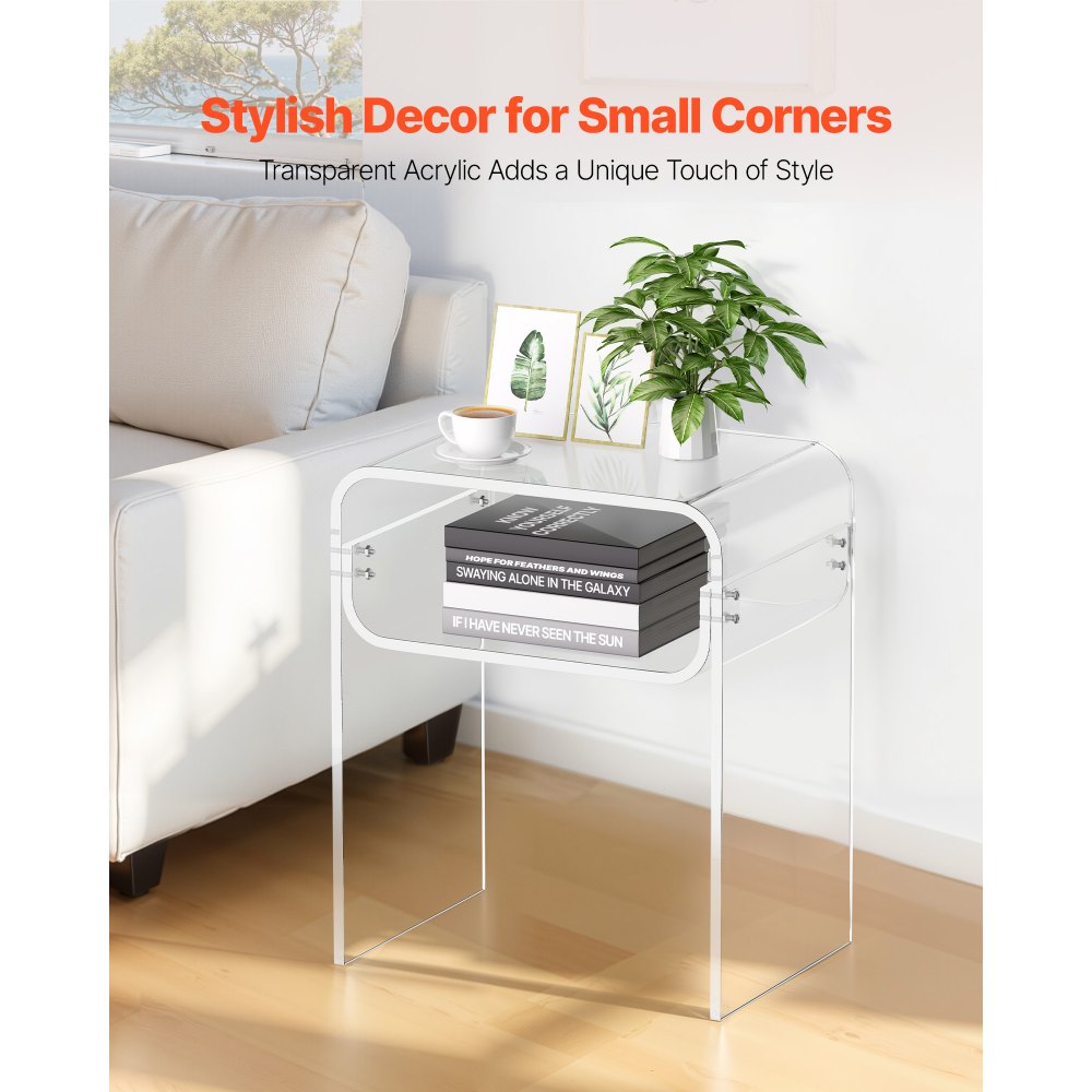 VEVOR Acrylic Side Table, 2 Tiers Clear Bedside Table with Storage Shelf, Modern Rectangle Acrylic End Desk, Transparent Thick Nightstand for Bedroom, Living Room, Study, 11.8 x 15.7 x 19.7 in (Clear)