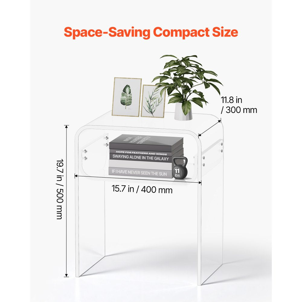 VEVOR Acrylic Side Table, 2 Tiers Clear Bedside Table with Storage Shelf, Modern Rectangle Acrylic End Desk, Transparent Thick Nightstand for Bedroom, Living Room, Study, 11.8 x 15.7 x 19.7 in (Clear)