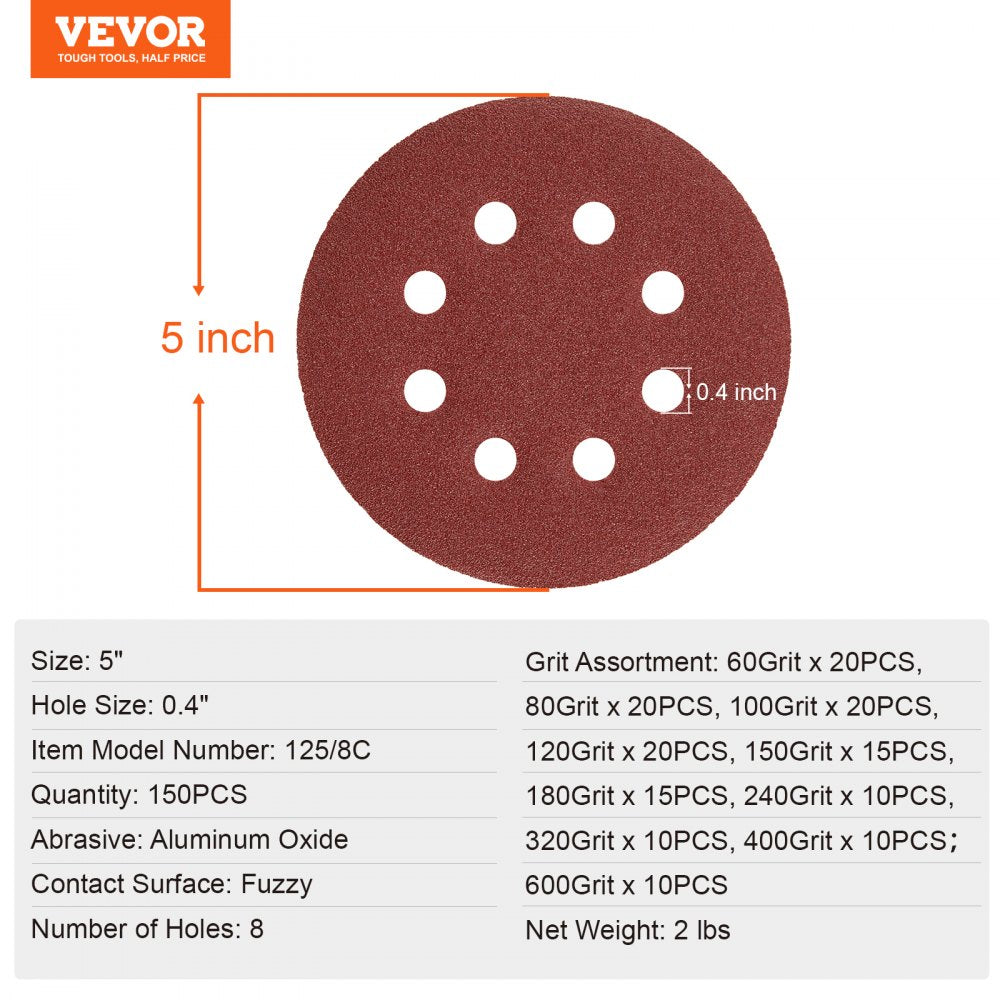 VEVOR 150 PCS 5 Inch Sanding Discs Set, 8-Hole Round Hook and Loop Sandpaper for Orbital Sander, 10 Grits include 60, 80, 100, 120, 150,180, 240, 320, 400, 600 Grit, for Metal, Wood, Car Sanding