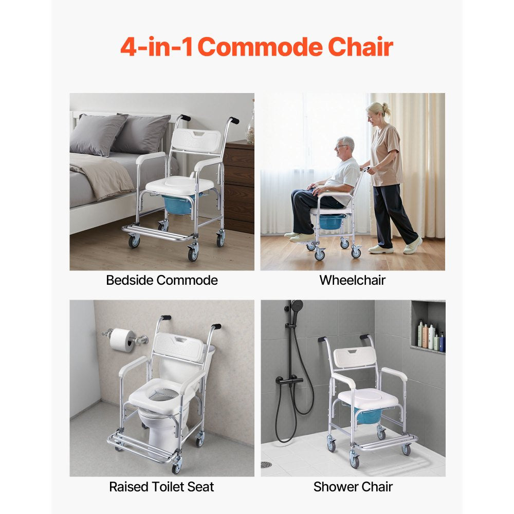 VEVOR Bedside Commode Chair with Wheels, 350 lbs Capacity, 4-in-1 Portable Toilet and Raised Toilet Seat with Padded Seat/Backrest/Flip-up Footrest, Detachable 5L Bucket, Shower Wheelchair for Seniors