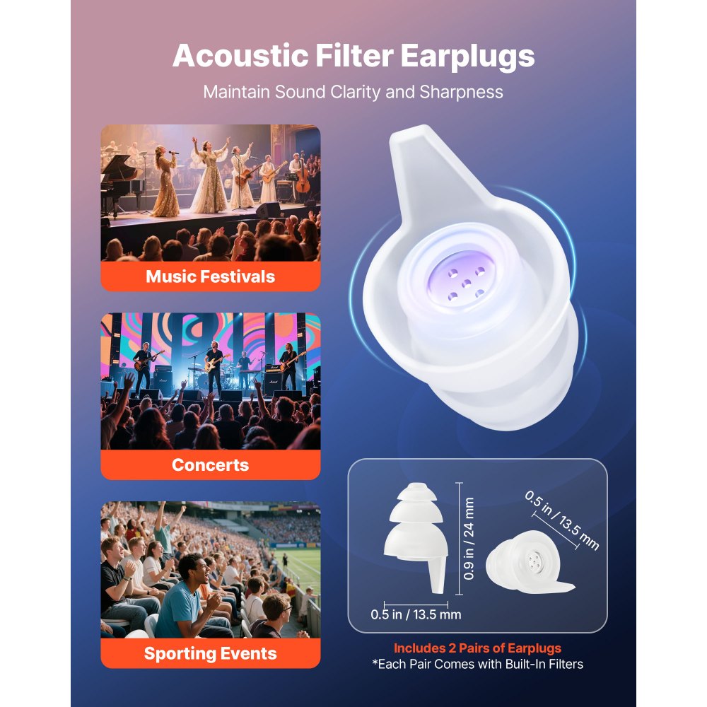 VEVOR Concert Ear Plugs, 2 Pairs Reusable High Fidelity Musician Ear Plugs, SNR 27 dB High Noise Reduction Earplugs, Flexible Silicone Soft Music Ear Plugs, for Concerts, Festivals, Raves, Musicians