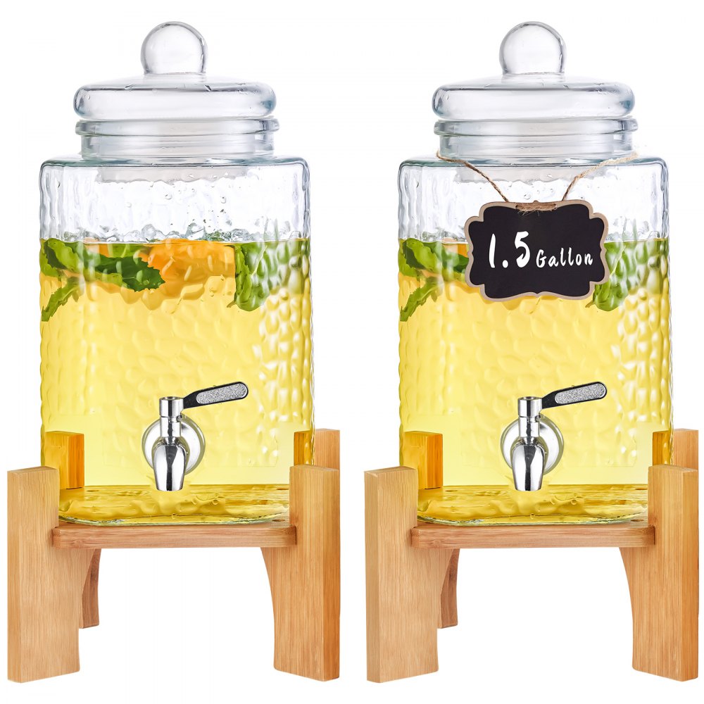 VEVOR Beverage Dispenser, 1.5 Gallon Drink Dispensers for Parties,2PC,Glass Juice Dispenser with Stand, Stainless Steel Spigot, Iced Tea Lemonade Juice Water Dispenser, for Restaurants, Hotels, Partie