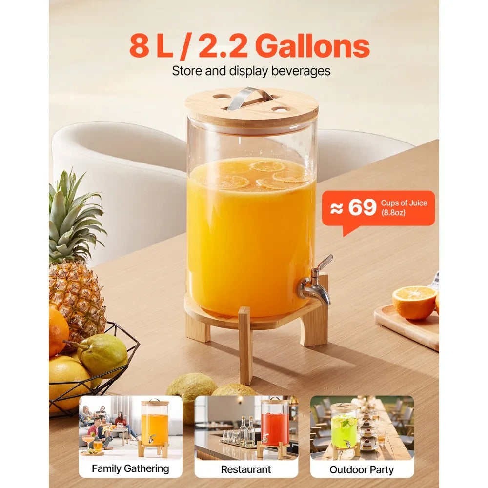 VEVOR Beverage Dispenser, 2.2 Gallon Drink Dispensers for Parties, Glass Juice Dispenser with Wood Stand, Stainless Steel Spigot, Iced Tea Lemonade Juice Water Dispensers for Parties