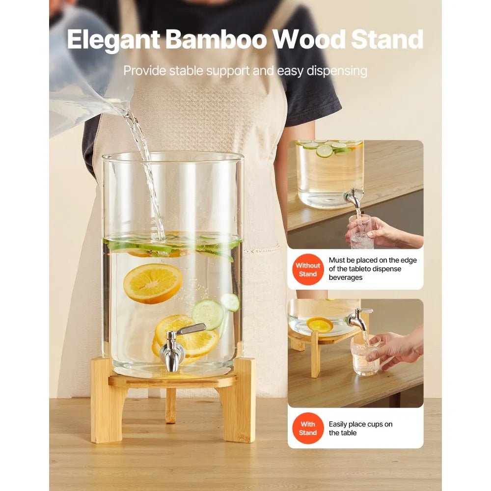 VEVOR Beverage Dispenser, 2.2 Gallon Drink Dispensers for Parties, Glass Juice Dispenser with Wood Stand, Stainless Steel Spigot, Iced Tea Lemonade Juice Water Dispensers for Parties