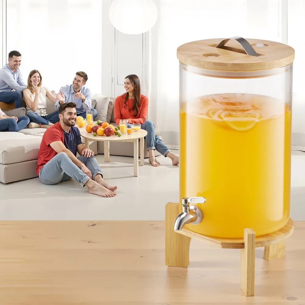 VEVOR Beverage Dispenser, 2.2 Gallon Drink Dispensers for Parties, Glass Juice Dispenser with Wood Stand, Stainless Steel Spigot, Iced Tea Lemonade Juice Water Dispensers for Parties