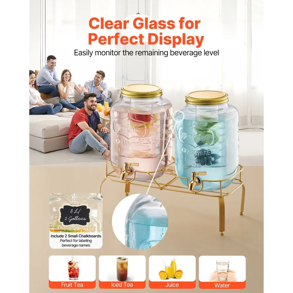 VEVOR Beverage Dispenser, 2 Pack 2 Gallon Drink Dispensers for Parties, Glass Juice Dispenser with Metal Stand, Stainless Steel Spigot, Infuser, Iced Tea Lemonade Juice Water Dispensers for Parties