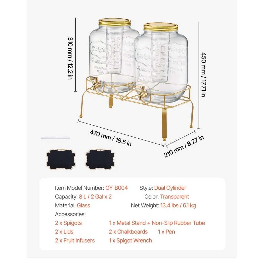 VEVOR Beverage Dispenser, 2 Pack 2 Gallon Drink Dispensers for Parties, Glass Juice Dispenser with Metal Stand, Stainless Steel Spigot, Infuser, Iced Tea Lemonade Juice Water Dispensers for Parties